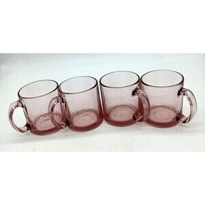 Vintage Set Of 4 Heavy Pink Glass Coffee Tea Mugs Made in USA